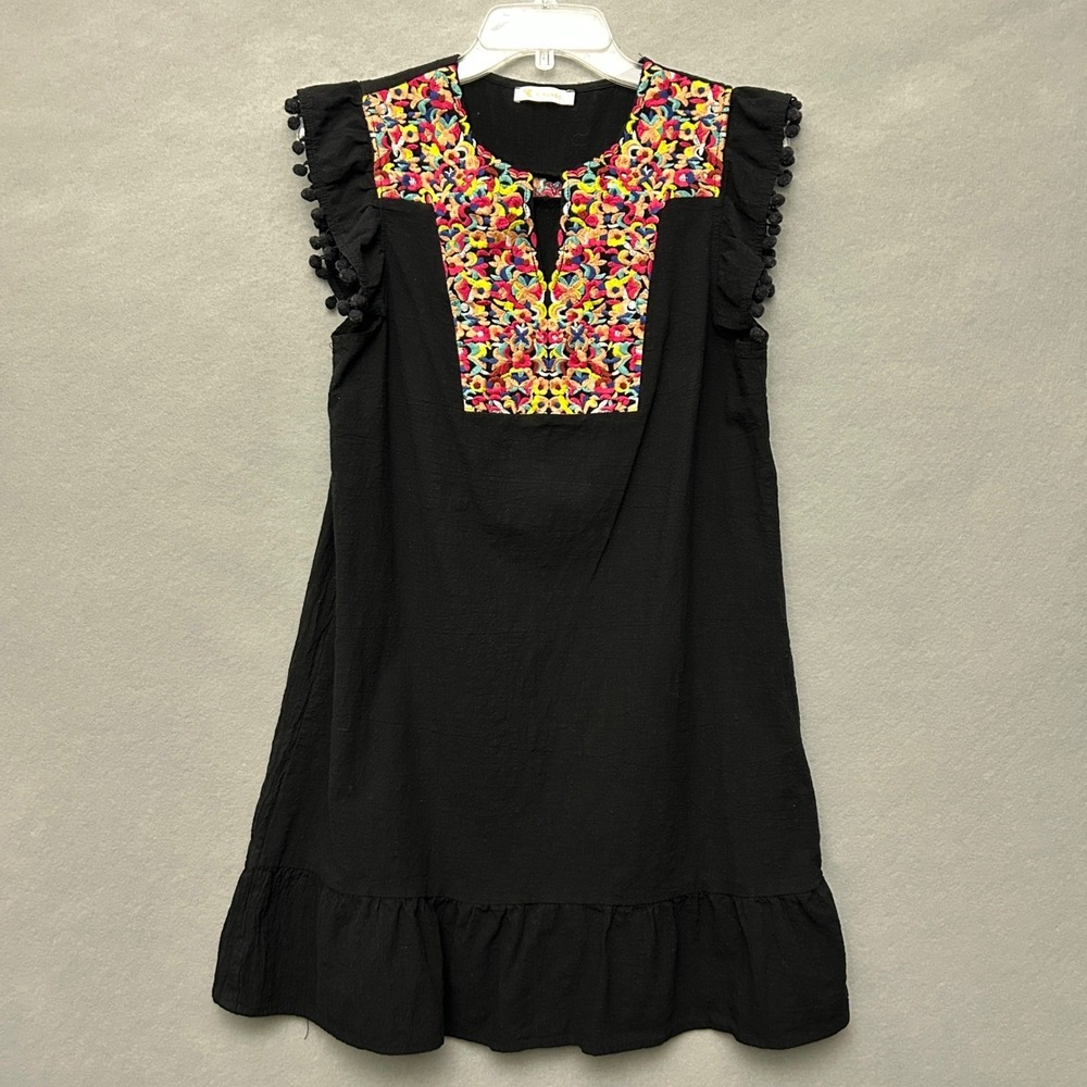 Kirundo Women L Shift Dress Black Embroidered Pom Pom Flutter Sleeve Boho Party